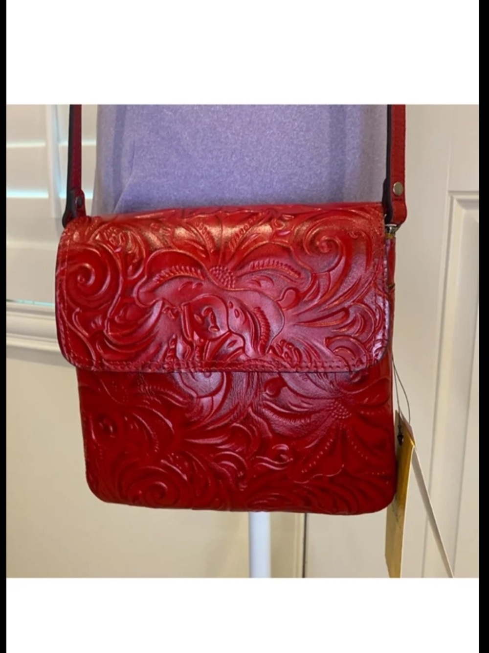 Patricia Nash Balluri Leather Burnished Flap Crossbody Bag Berry Red New